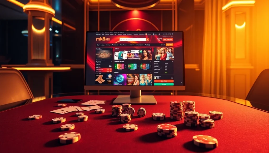 Experience the thrill of winning at https://mk8.sh/ with vibrant gaming visuals of cards, chips, and online betting.