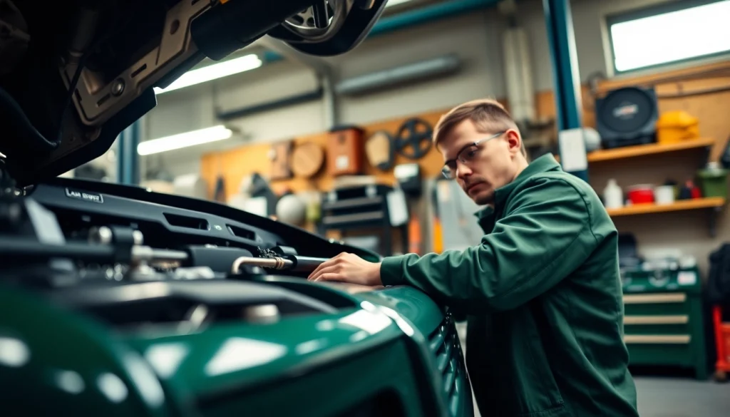 Deliver expert Land Rover Service with a mechanic working diligently under bright garage lights.