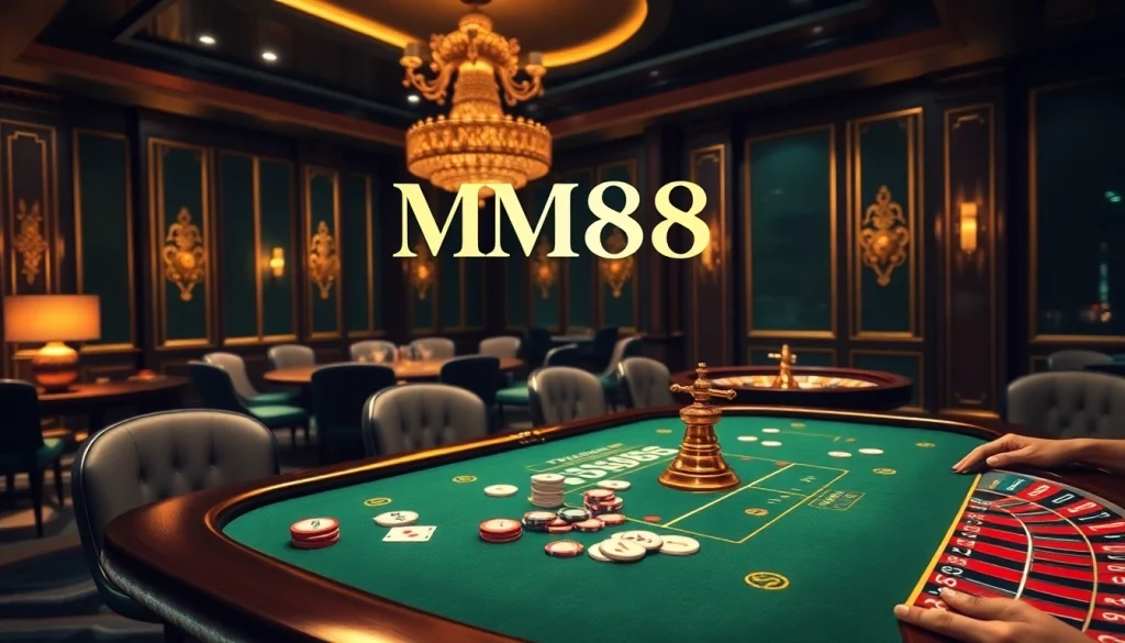 Experience the thrill of MM88 with a vibrant poker table and roulette wheel illuminated in luxury.
