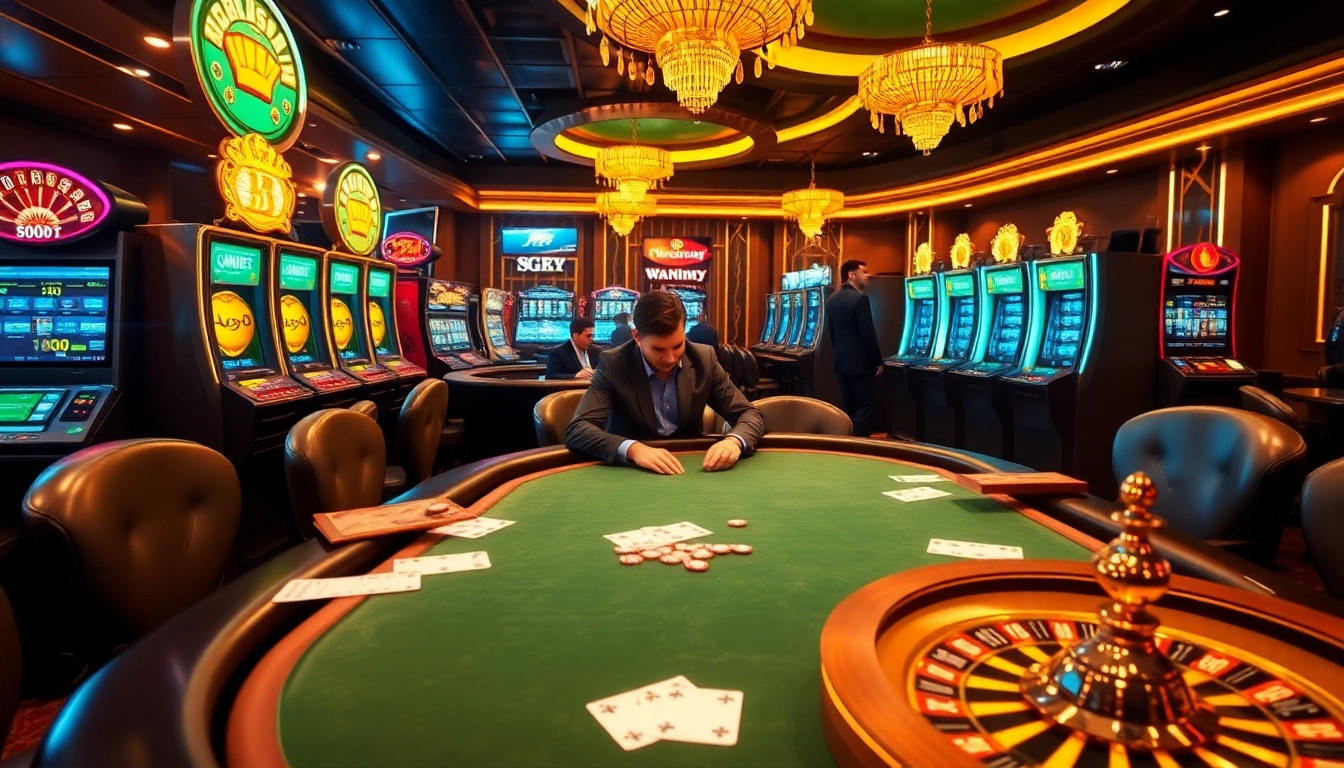 Des joueurs élaborant des stratégies à une table de poker dans une ambiance élégante de casino en ligne.