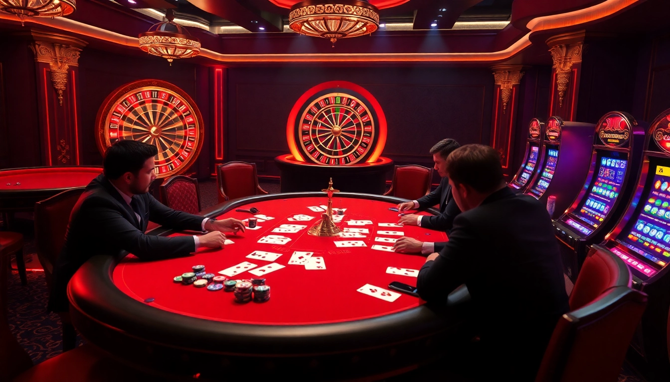 Experience thrilling gameplay at vin777 with a luxurious poker table, chips, and roulette wheel.