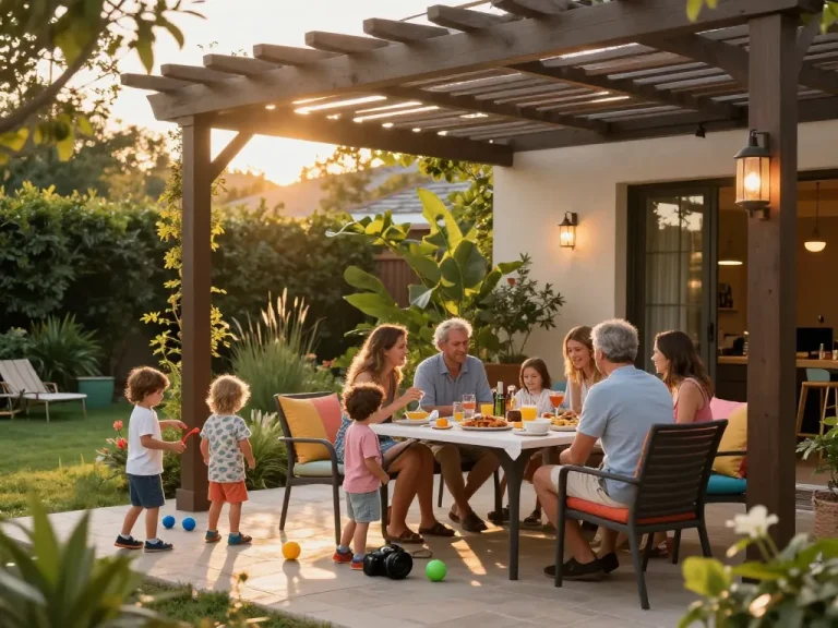 Une famille profite d'un rassemblement estival sous un configurateur pergola en ligne sur mesure, entourée de verdure et d'un éclairage doux.