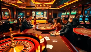 Experience the excitement of 28bet with luxury casino tables filled with poker chips and elegant players.