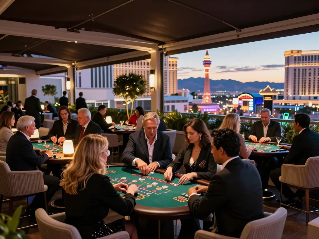 Enjoying the sophisticated Da88 casino terrace atmosphere with blackjack tables and engaging guests