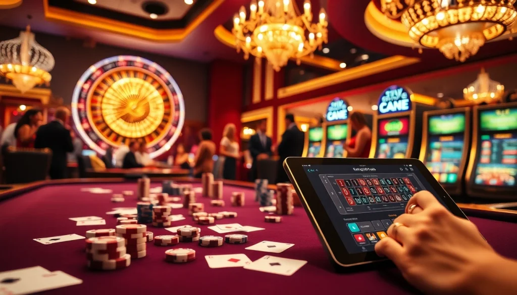 SAY88 casino table scene with elegant poker chips and vibrant slot machines.