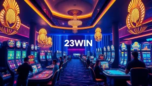 Dynamic online casino scene featuring players at 23WIN's gaming tables, showcasing excitement and professionalism.