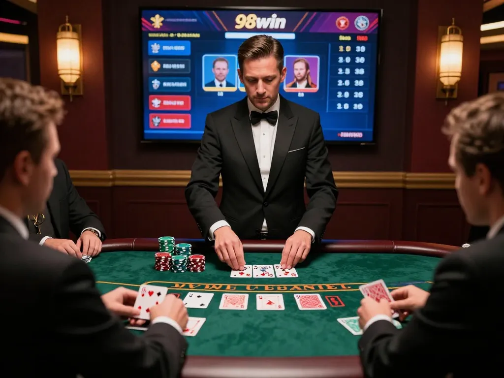 Players strategizing at the blackjack table in a vibrant 98win online casino, enhancing winning chances.