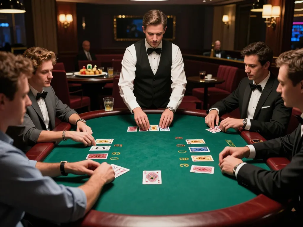 Naga303 players strategizing bets at an upscale blackjack table, showcasing a vibrant casino ambiance.