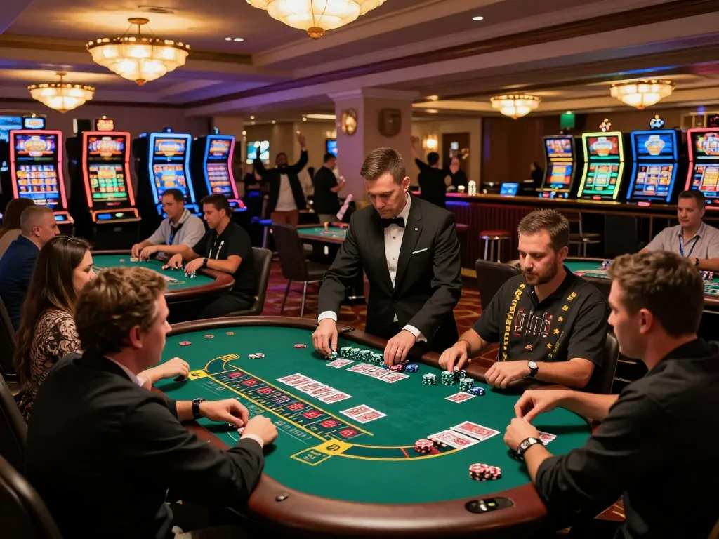 Players enjoying a thrilling blackjack game at the Sunwin casino floor, with vibrant atmosphere and engaging gameplay.