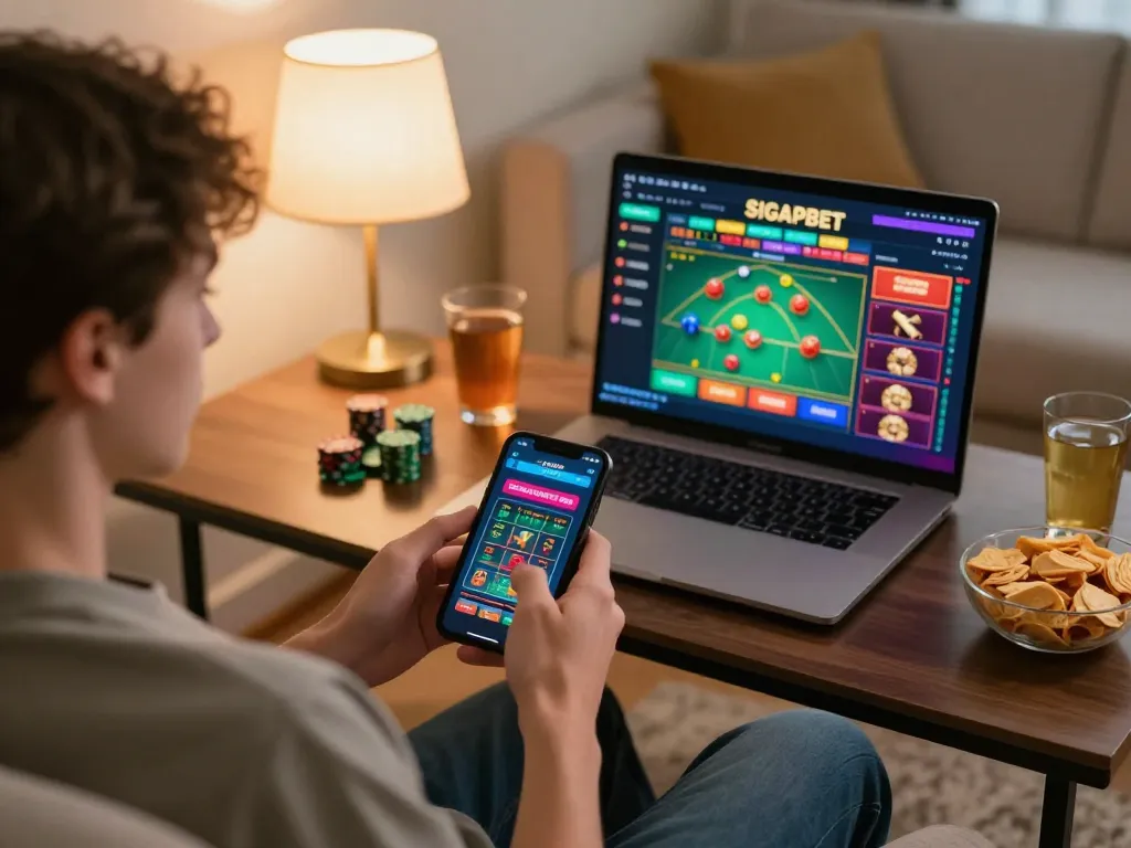 SIGAPBET player enjoying online casino gaming on smartphone in a cozy living room setup.