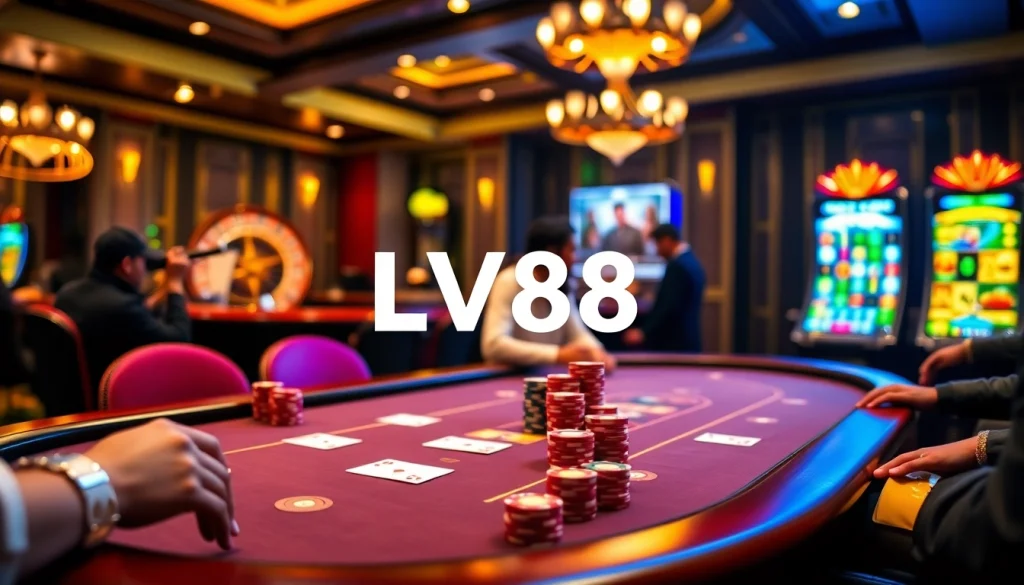 Players enjoying poker at an LV88 casino table with colorful chips and exciting atmosphere.
