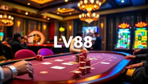 Players enjoying poker at an LV88 casino table with colorful chips and exciting atmosphere.
