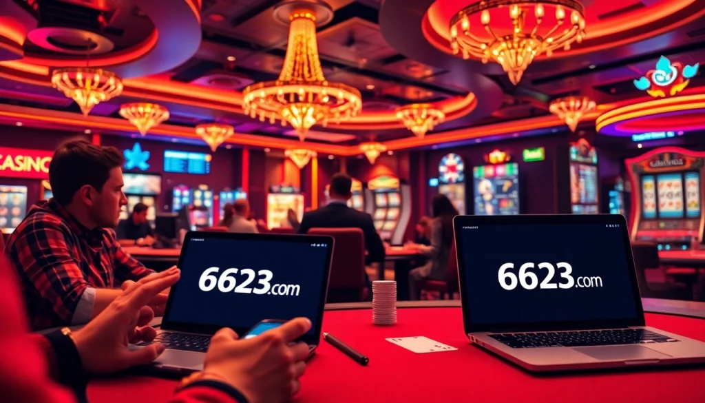 Exciting casino scene featuring the 6623 com 6623a brand, showcasing vibrant online gaming activities and luxurious atmosphere.