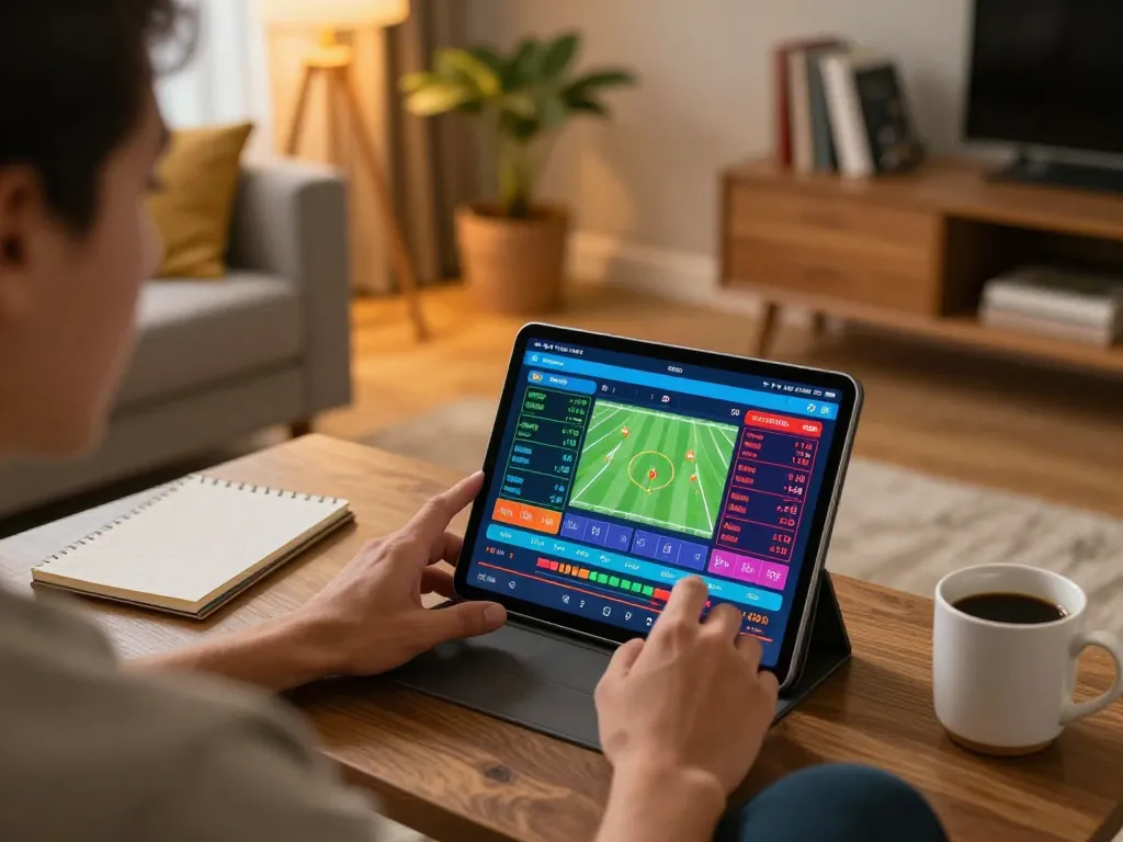 Engaging in sports betting on the rik vip app, placing dynamic bets while enjoying a cozy home setup.