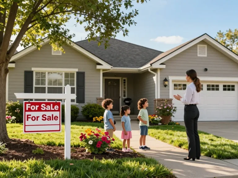 Fast cash for homes - family consulting real estate agent in front of charming suburban house.