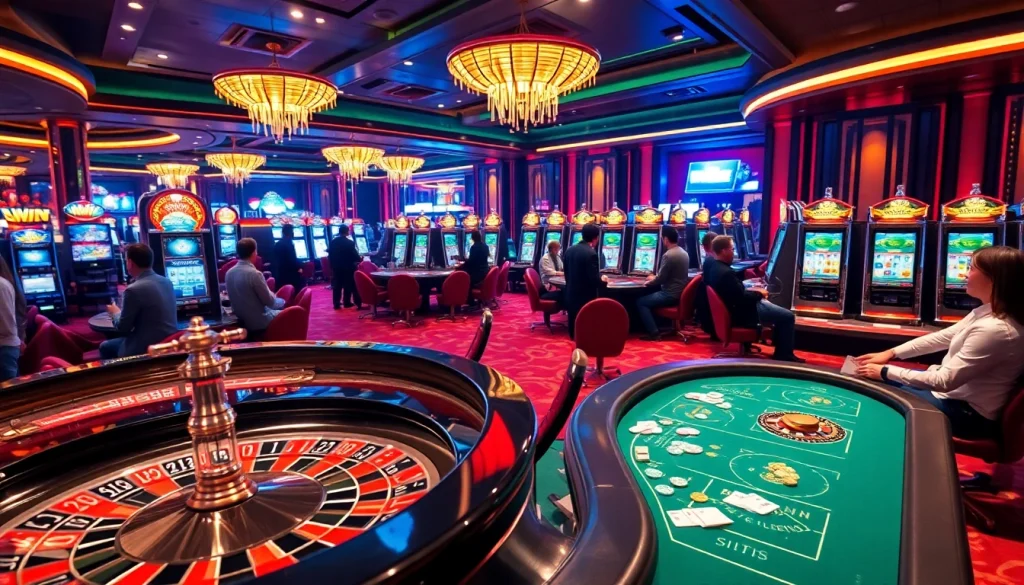 Engage with okwin liên minh at a luxury casino featuring poker tables, roulette, and slot machines.