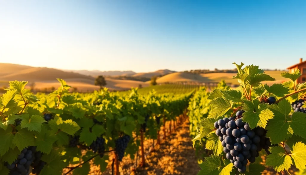 View of Clarksburg wines vineyard showcasing lush grapes and rustic barrels.