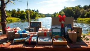 Engaging display of fly fishing gifts for enthusiasts, wrapped creatively on a rustic table.