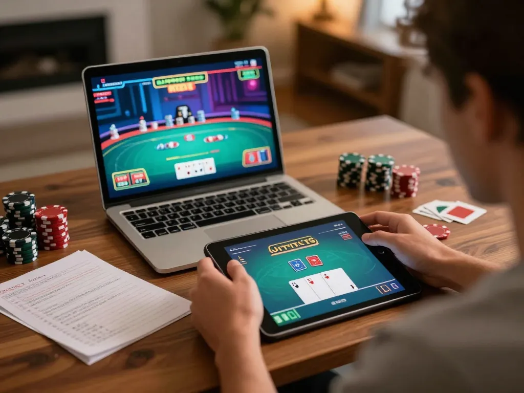 Agen Casino Online player engaged in a strategic poker game using a tablet at home.