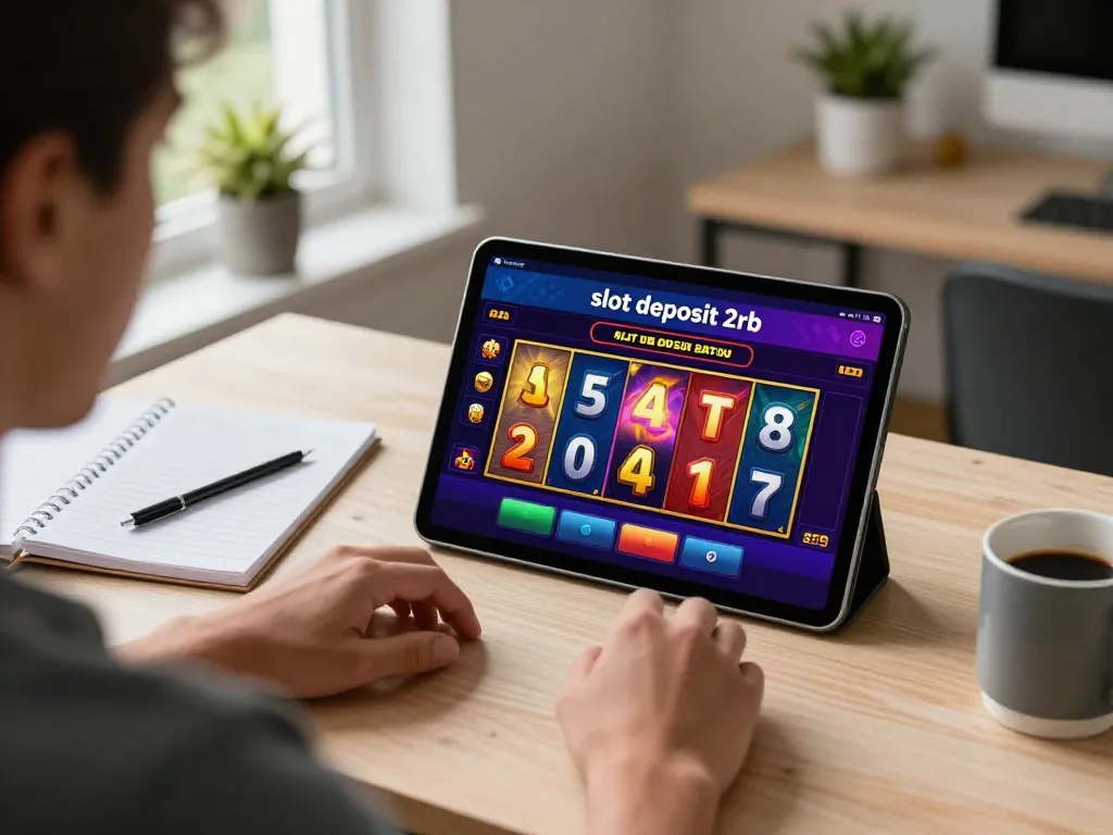 Engaging gameplay on tablet showing slot deposit 2rb interface, highlighting colorful reels and responsible gaming.
