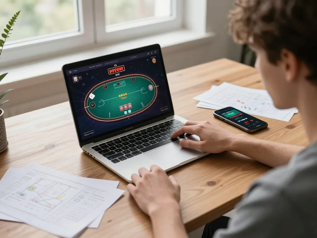 Player enjoying Iwin poker game on laptop, surrounded by strategy notes.