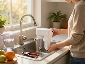 Homeowner installing Waterdrop UKF8001 Refrigerator Water Filter 4 under a sink, promoting clean water.