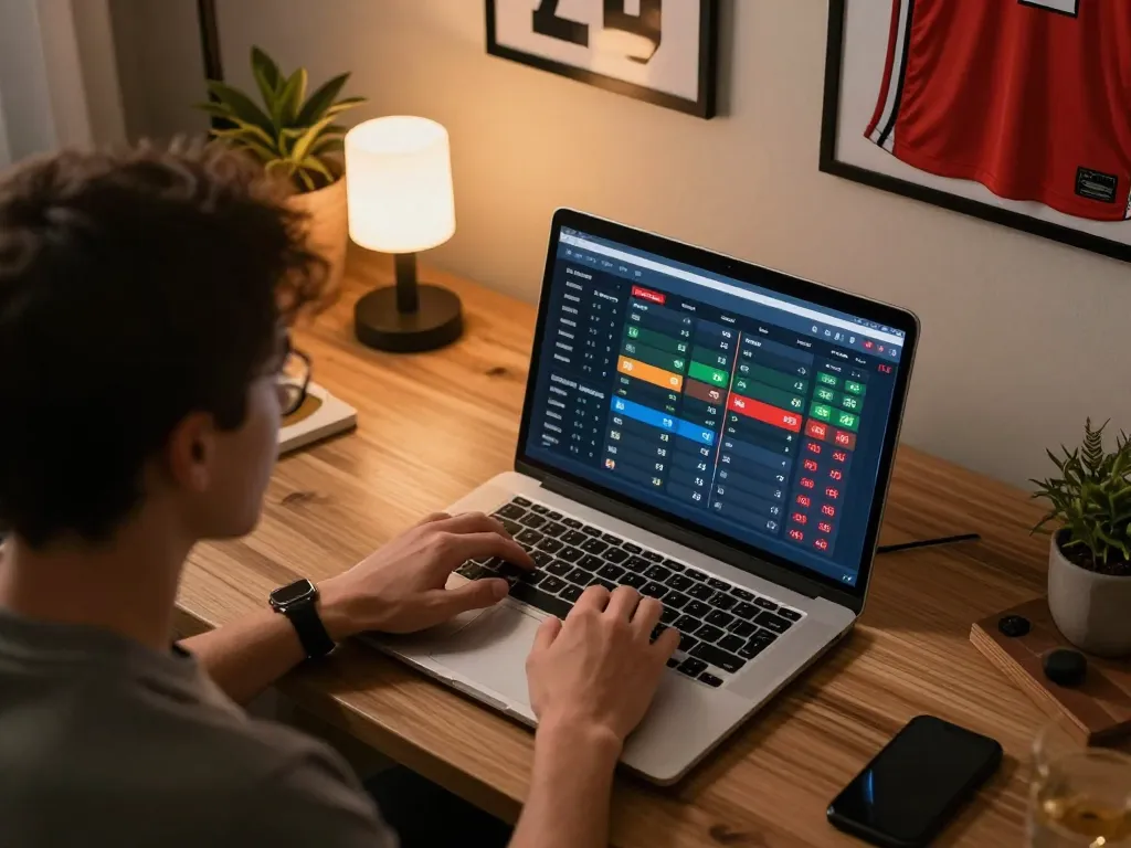 Placing strategic bets on sports events with tr88 platform, showcasing odds and betting slips in an engaging workspace