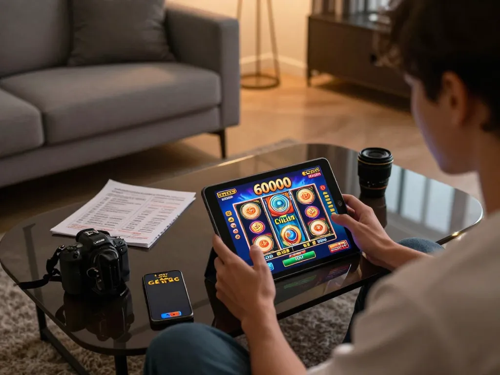 Engaged player bets on slot6000 during relaxing home gaming session.