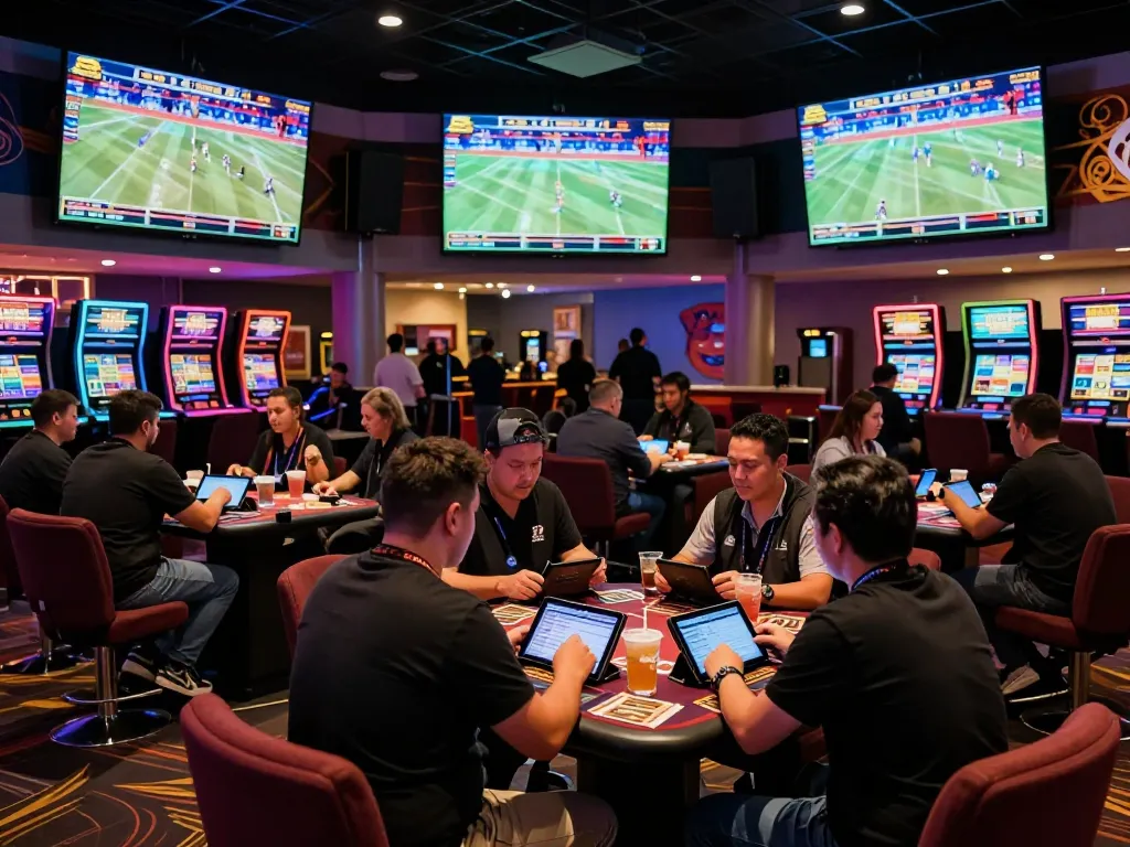 Engaged bettors analyzing statistics at a Go8 sports book table with screens showing live games.