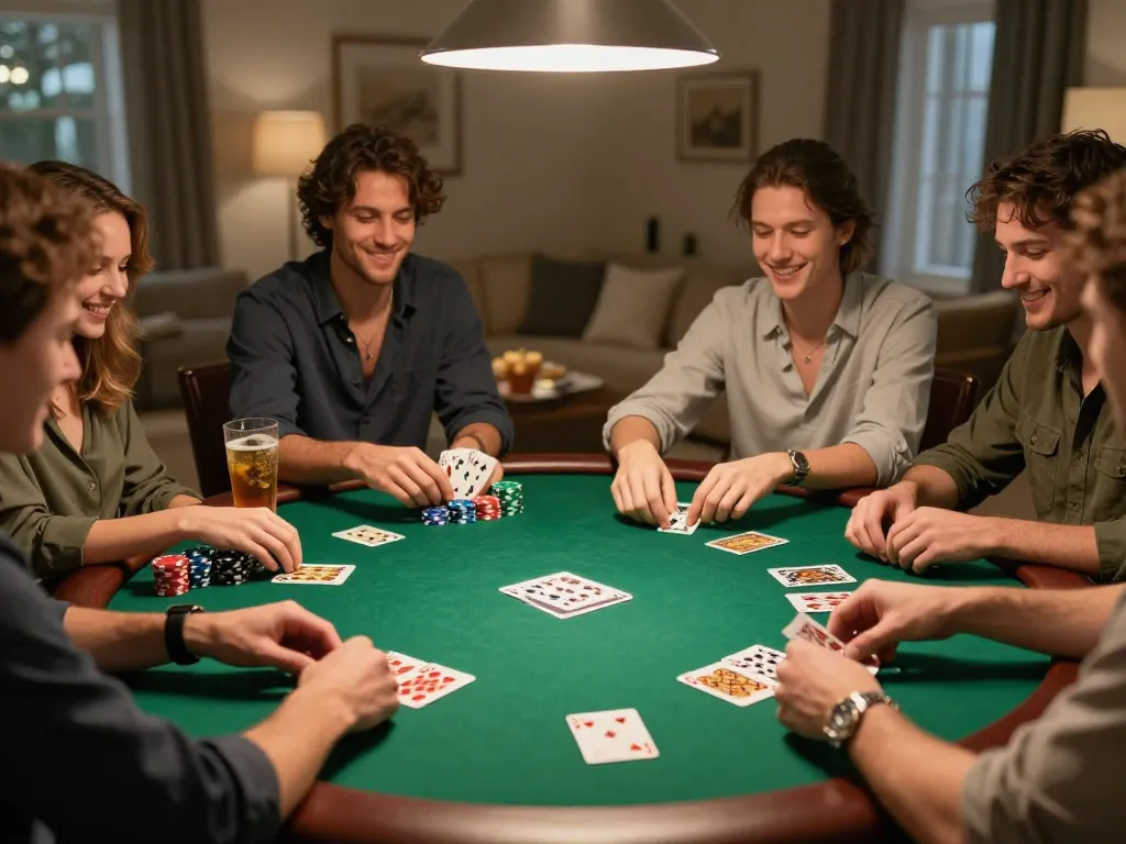 Friends enjoying an exciting poker game at home with 79king strategy tips visible on the table.