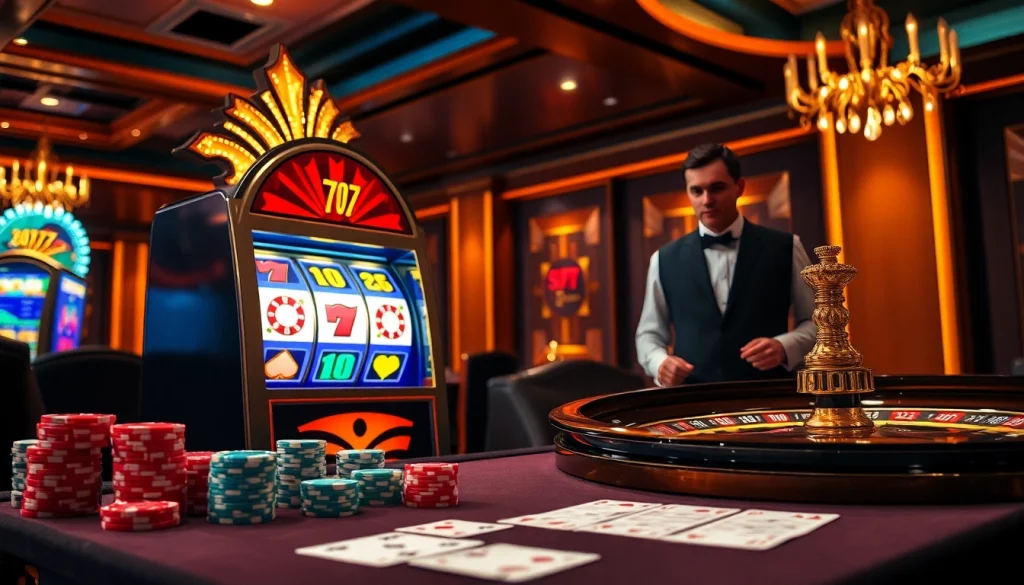 Experience thrilling wins with slot777 on an elegant casino slot machine surrounded by vibrant poker chips.
