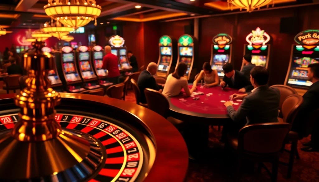 Dynamic casino scene featuring players at 28BET poker tables and roulette wheels, capturing gambling excitement.