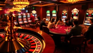Dynamic casino scene featuring players at 28BET poker tables and roulette wheels, capturing gambling excitement.