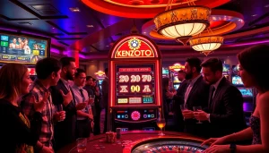 Exciting scene at a casino focusing on KENZOTOTO slot gameplay, showcasing vibrant lights and players.