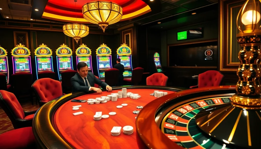 Experience the thrill of gambling at XXGG Casino with vibrant slot machines and an elegant poker table.