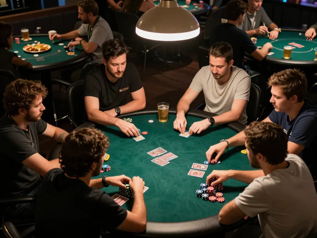 Players enjoying a poker game at ManClub, showcasing chips and community cards while socializing.