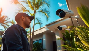 Instalación de cámaras de seguridad de alta calidad por un técnico en una casa moderna de Costa Rica.