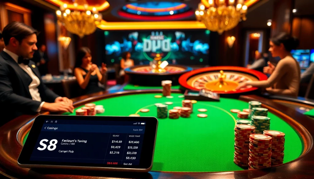 Players engage at a poker table while examining S8 betting options amid casino excitement.