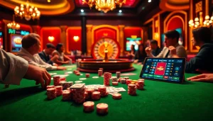 Nohu90 players engaged at a luxurious casino table with chips and cards.