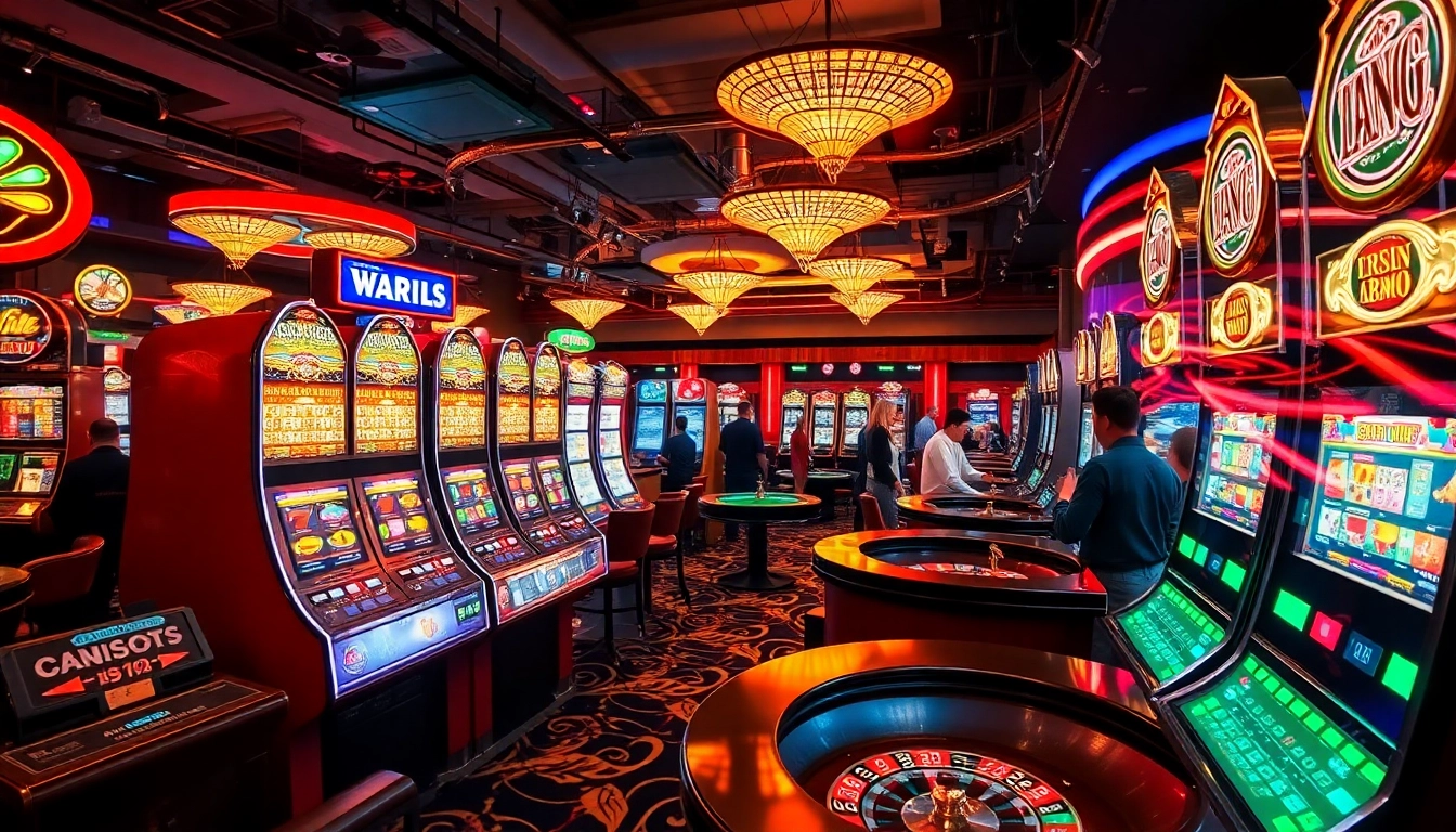 Permainan interwin yang mendebarkan di kasino dengan mesin slot berkilauan dan lampu neon cerah.