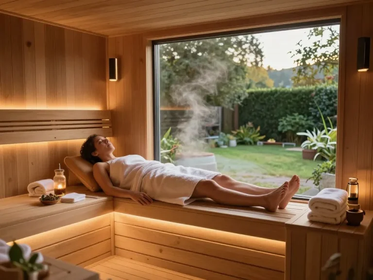 Enjoying a sauna 3D interior with wooden panels and ambient lighting, promoting relaxation.