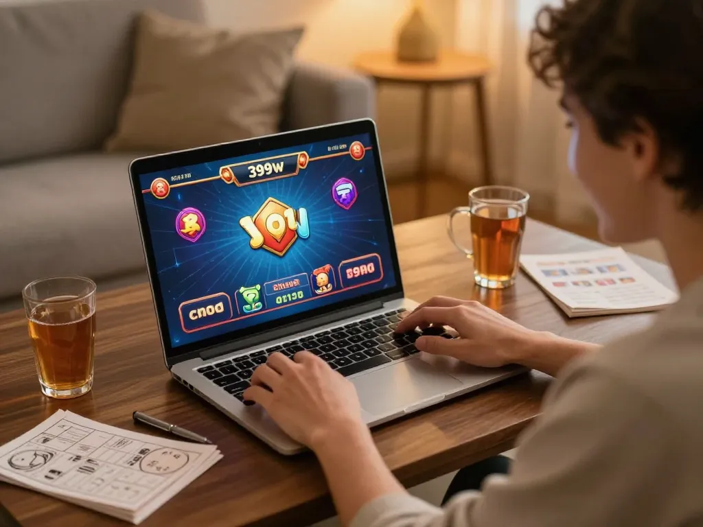Player enjoying interactive games at 399w online casino from home, showcasing a strategic gaming setup