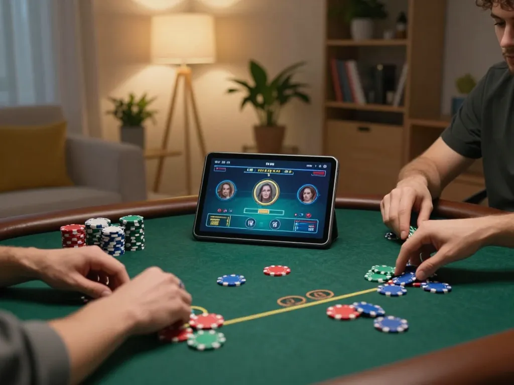 Engaging online poker gameplay on tablet in cozy home setting about max79 with colorful chips and lively atmosphere