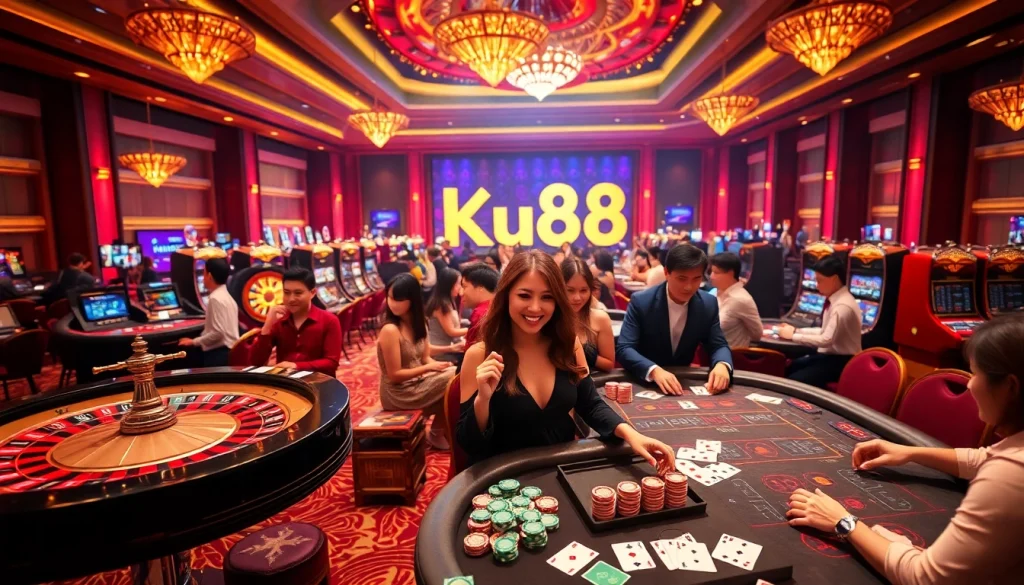 Experience the thrill of betting and gaming at Link vào Ku88 casino, featuring vibrant tables and excited players.