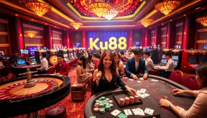 Experience the thrill of betting and gaming at Link vào Ku88 casino, featuring vibrant tables and excited players.