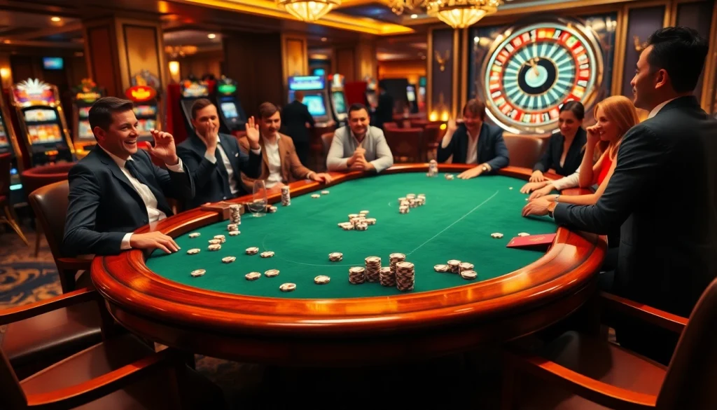 E2bet poker players engaging excitedly at a luxurious casino table with vibrant action.