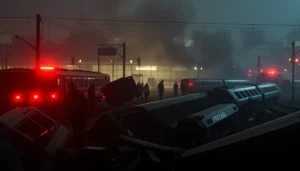 Rescue teams responding to the spain train crash scene amid chaos and wreckage.