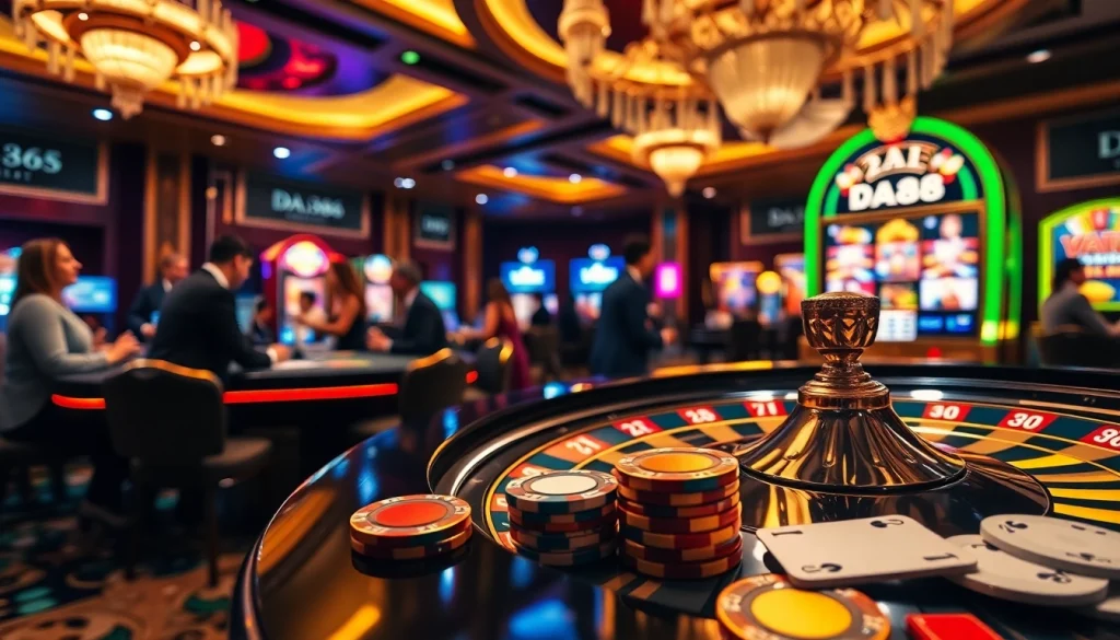Experience the excitement of gambling at the DA88 tables with vibrant poker chips and roulette wheels.