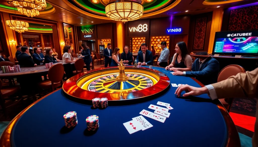 Engaged players at a VIN88 poker table with sleek chips and cards.