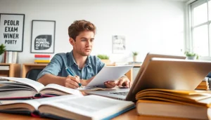 Student engaged in focused study for exam help with books and laptop in a bright room.